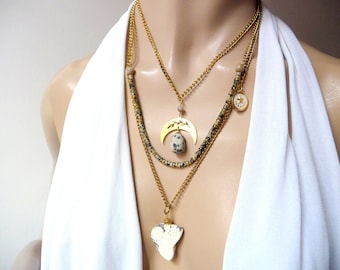 Multi-row chain and stone necklace, gold and white necklace