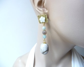 Stone and mother-of-pearl clip-on earrings, beige and green, unique piece