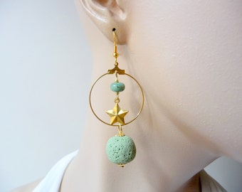 Green earrings, turquoise stone and lava stone ring, star.