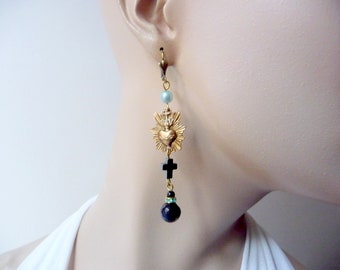 Boucles d'oreilles Coeur Vendéen , boucles d'oreilles croix, boucles d'oreilles rock baroque