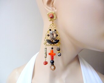 Boucles d'oreilles clips cristal cornaline et pierres , boucles d'oreilles oranges et noires, boucles d'oreilles uniques