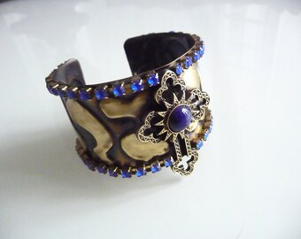 Cuff bracelet, brass crystals and lapis lazuli, religious, cross unique piece