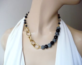 Brass chain necklace and black stones, unique piece