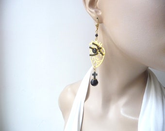Mon coeur earrings, gold and black, unique piece