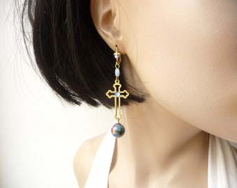 Cross earrings, unique piece, blue earrings.