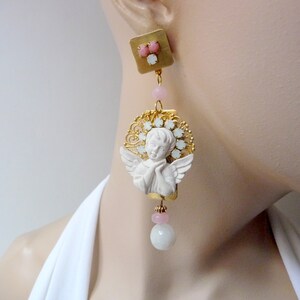 Clip-on earrings, My angel! crystal and stones, gold and white earrings