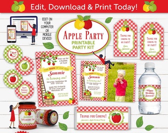 Apple Printable Party Kit Includes Invites and Decorations in RED, Edit Online + Download Today With Free Corjl.com AOR