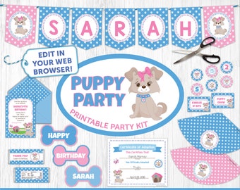 Op de afbeelding: Printbare feestset voor een puppy-themafeest. De set bevat een banner, uitnodigingen, cupcaketoppers, feestmutsen en een adoptiecertificaat. De kleuren zijn roze, blauw en bruin. De tekst op de banner zegt "SARAH".