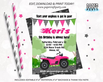 ATV Printable Invitation in Pink, Quad 4-Wheeler, Thank You Note & Backside Included, Edit Online + Download Today With Free Corjl.com 0044