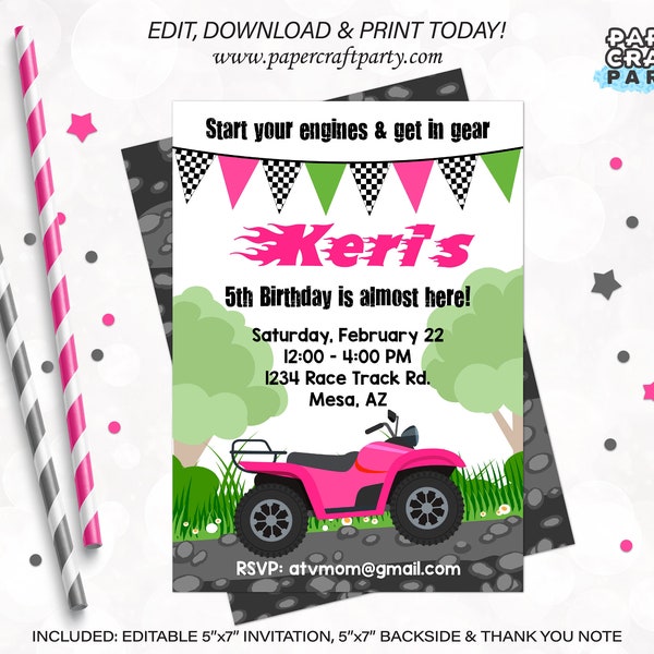 ATV Printable Invitation in Pink, Quad 4-Wheeler, Thank You Note & Backside Included, Edit Online + Download Today With Free Corjl.com 0044