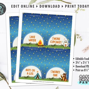 May include: Printable camping-themed food tent cards with a blue starry night background. The cards feature text such as "Lake Water", "S'more Cupcakes", "Ants on a Log", and "S'mores Bar".
