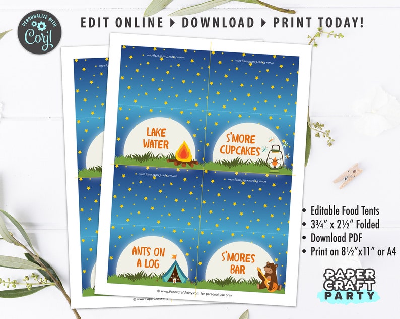May include: Printable camping-themed food tent cards with a blue starry night background. The cards feature text such as "Lake Water", "S'more Cupcakes", "Ants on a Log", and "S'mores Bar".