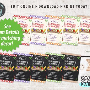 May include: A set of ten printable invitations for a child's first birthday party. The invitations feature a chalkboard background with a colorful illustration of vegetables and the text "Chloe's Farmers Market First Birthday".