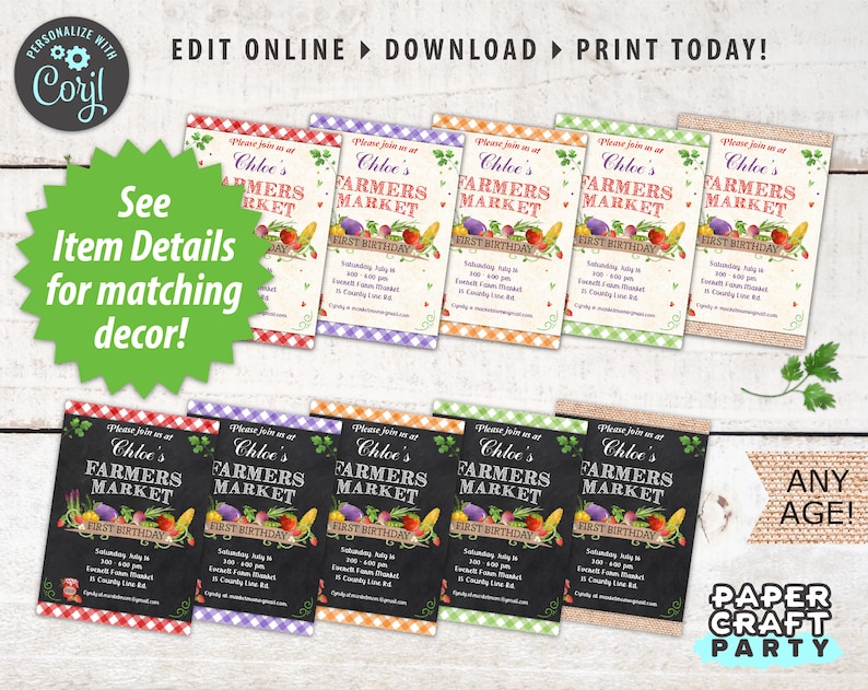 May include: A set of ten printable invitations for a child's first birthday party. The invitations feature a chalkboard background with a colorful illustration of vegetables and the text "Chloe's Farmers Market First Birthday".