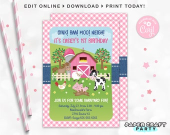 Farm Party Printable Invitation and Thank You Note in PINK, Includes Backside, Edit Online + Download Today With Free Corjl.com 0047
