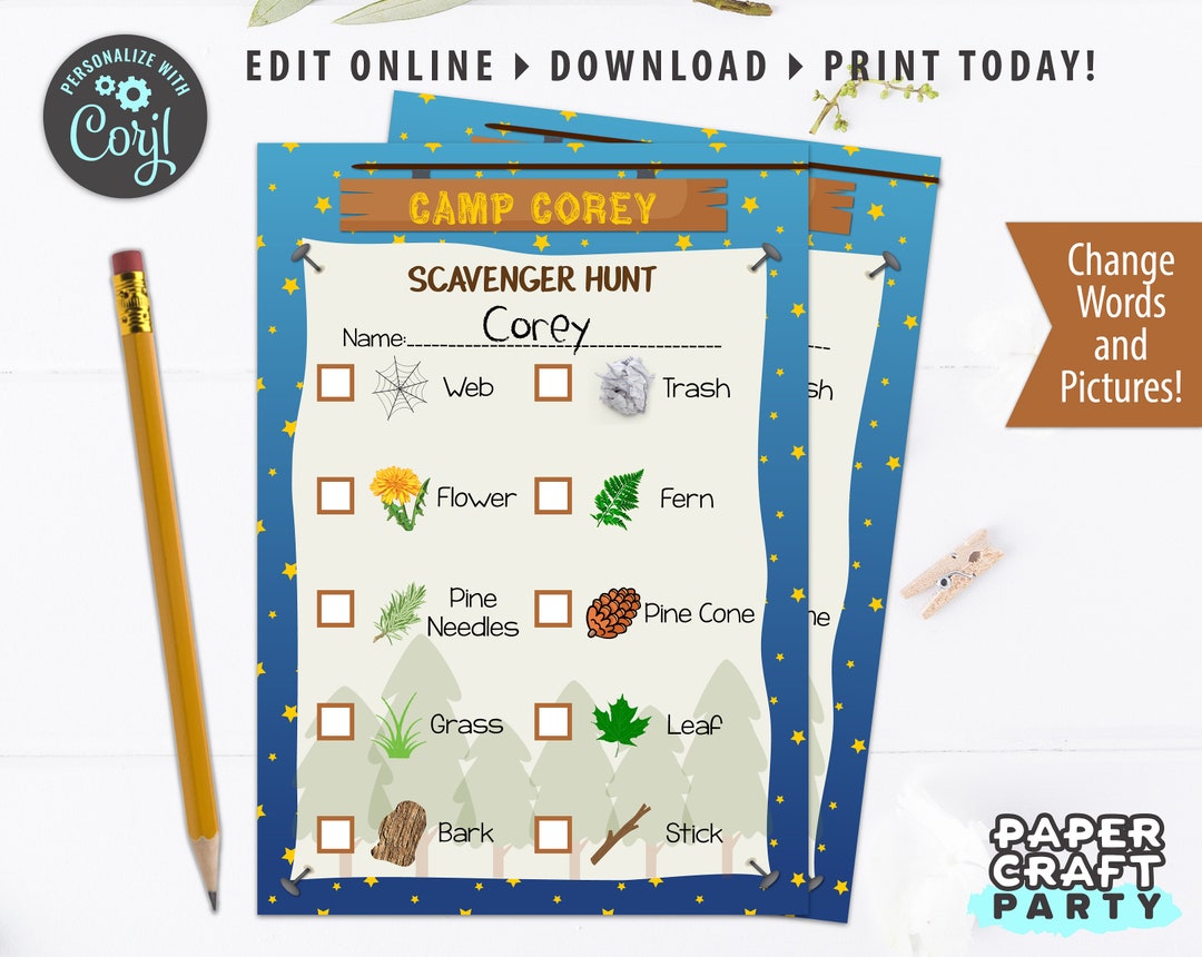 Scavenger Hunt Printable Lists With Editable Pictures & Words, Nature ...