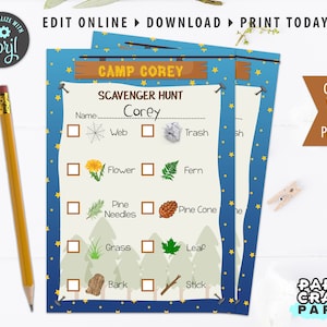 May include: A blue and white printable scavenger hunt card with the text "Camp Corey Scavenger Hunt" and a checklist of items to find in nature, including a spider web, trash, flower, fern, pine needles, pine cone, grass, leaf, bark, and stick.