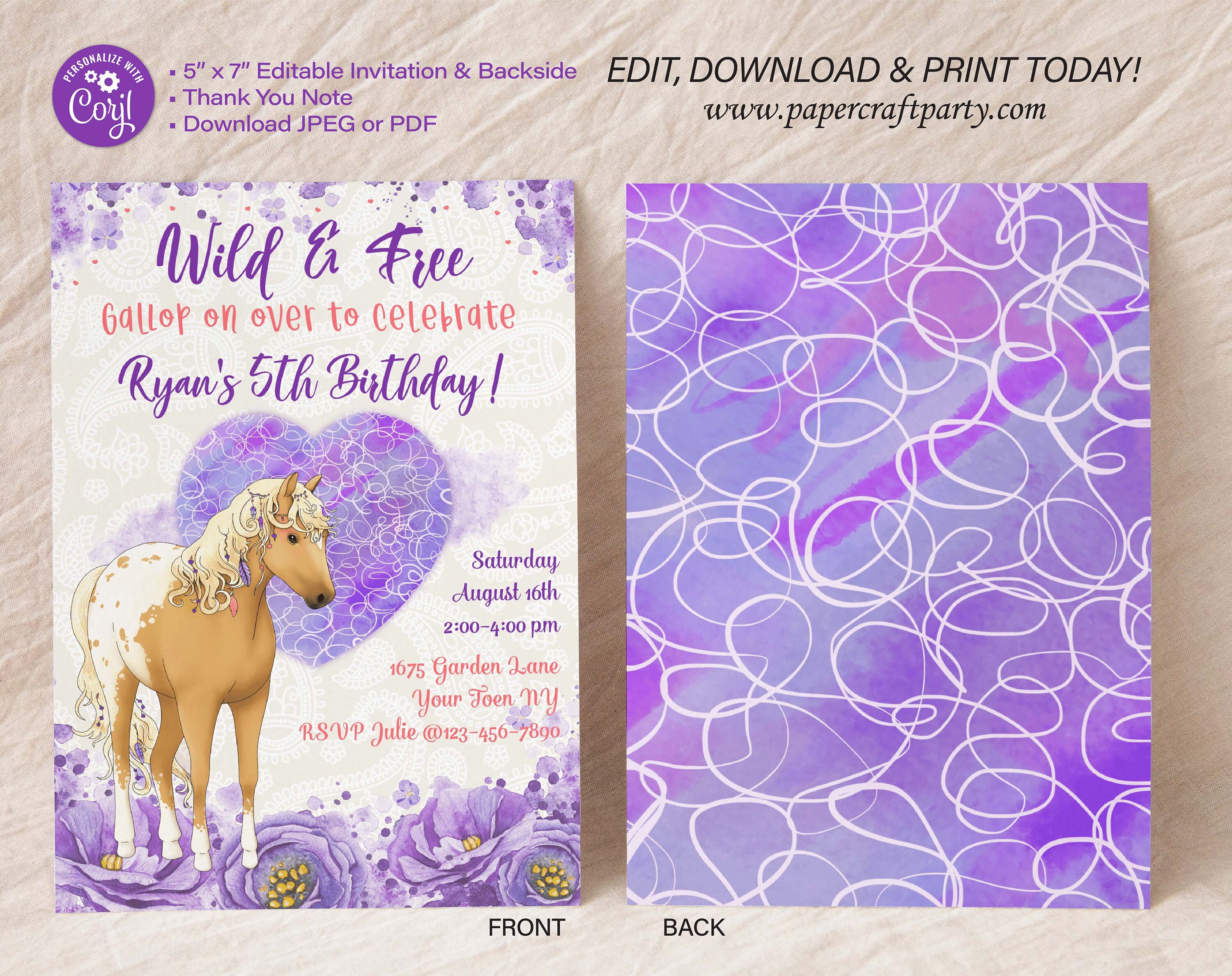 Horse Party Printable Invitation &amp; TY Note Boho Horse | Etsy