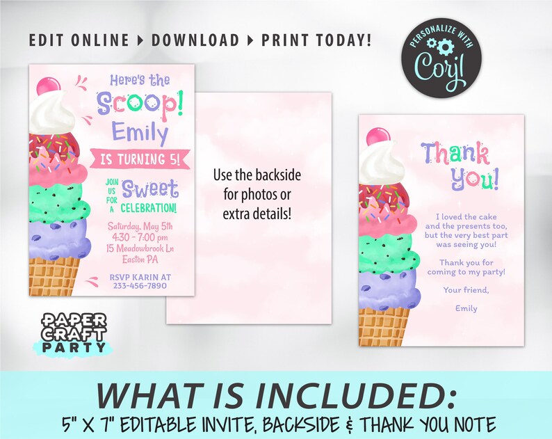 Ice Cream Printable Birthday Party Invitation Thank You Note Etsy