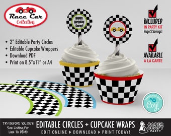 May include: Editable printable party decorations for a race car themed party. Includes cupcake wrappers, party circles, and a printable PDF.  The design features a black and white chequered pattern with red and yellow accents.