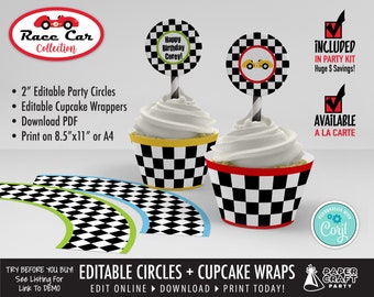 Race Car Printable Party Circles & Cupcake Wrappers, Edit Online + Download Today With Free Corjl.com 0062