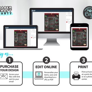 Puede incluir: Una ilustraci&oacute;n digital de una gu&iacute;a paso a paso para personalizar e imprimir un dise&ntilde;o imprimible. Los pasos son: 1. Compra tu dise&ntilde;o, 2. Edita en l&iacute;nea y 3. Imprime. El dise&ntilde;o es un cartel de fiesta de primer cumplea&ntilde;os con tem&aacute;tica de bosque con un fondo de cuadros rojos y negros.