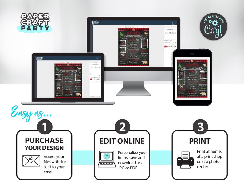 Puede incluir: Una ilustraci&oacute;n digital de una gu&iacute;a paso a paso para personalizar e imprimir un dise&ntilde;o imprimible. Los pasos son: 1. Compra tu dise&ntilde;o, 2. Edita en l&iacute;nea y 3. Imprime. El dise&ntilde;o es un cartel de fiesta de primer cumplea&ntilde;os con tem&aacute;tica de bosque con un fondo de cuadros rojos y negros.