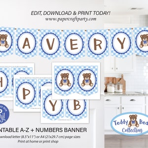 May include: Printable banner with blue and white checkered pattern and teddy bear illustrations. The banner includes the letters A, V, E, R, Y. The banner is designed for a baby shower or birthday party. The banner is available in 8.5 x 11 inch or A4 size.