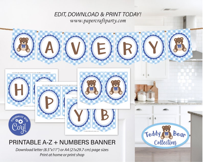 May include: Printable banner with blue and white checkered pattern and teddy bear illustrations. The banner includes the letters A, V, E, R, Y. The banner is designed for a baby shower or birthday party. The banner is available in 8.5 x 11 inch or A4 size.