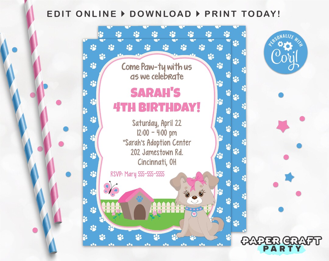Pink Puppy Invitation, Printable Doggy Invite, Puppy Dog Party, Puppy ...