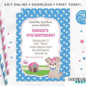 Pink Puppy Invitation, Printable Doggy Invite, Puppy Dog Party, Puppy Adoption Party, Edit Online Download Today With Free Corjl.com image 1