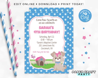 Pink Puppy Invitation, Printable Doggy Invite, Puppy Dog Party, Puppy Adoption Party, Edit Online + Download Today With Free Corjl.com