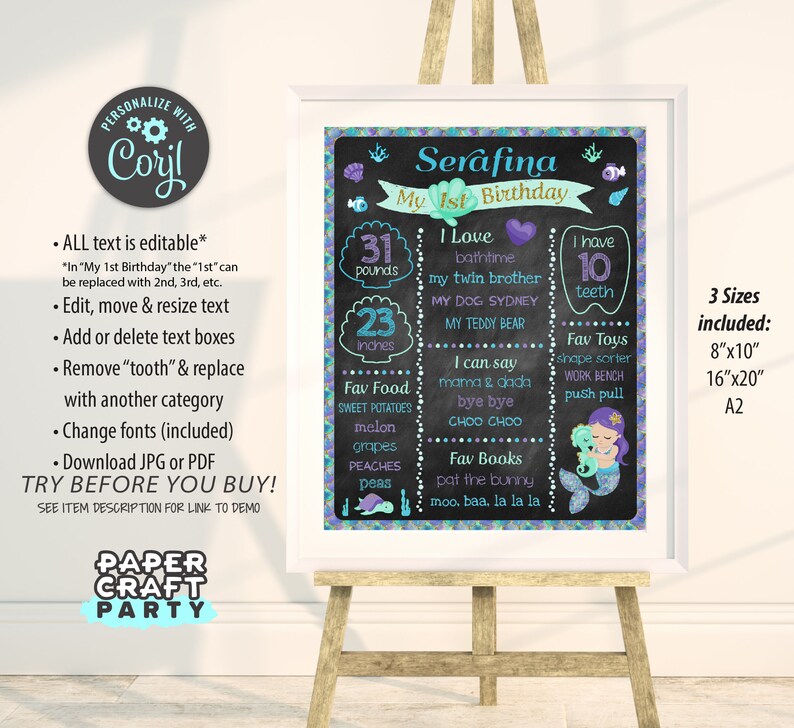 Mermaid Printable Chalkboard Sign, Milestone Poster, 1st 2nd 3rd Birthday, Under the Sea, Edit Online Download Today With Free Corjl.com image 2