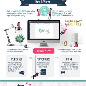 Puede incluir: Un gr&aacute;fico que muestra c&oacute;mo usar Corjl, una herramienta en l&iacute;nea para personalizar e imprimir dise&ntilde;os. El gr&aacute;fico muestra una pantalla de computadora con el logotipo de Corjl, una persona comprando un dise&ntilde;o, una persona personalizando el dise&ntilde;o y una persona imprimiendo el dise&ntilde;o. El texto "FULL SUPPORT INCLUDED!" est&aacute; en la parte inferior del gr&aacute;fico.