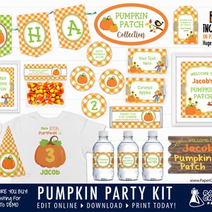 Pode incluir: Um kit de festa de remendo de abóbora imprimível nas cores laranja, verde e marrom. O kit inclui uma placa de boas-vindas, uma faixa, enfeites para cupcakes, etiquetas para garrafas de água e um design de camiseta. O texto na placa diz "Bem-vindo ao remendo de abóbora de Jacob".