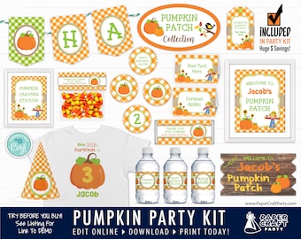 May include: A printable pumpkin patch party kit with orange, green, and brown colors. The kit includes a welcome sign, a banner, cupcake toppers, water bottle labels, and a t-shirt design. The text on the sign says "Welcome to Jacob's Pumpkin Patch".