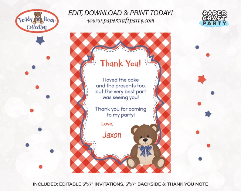 Teddy Bear Picnic Printable PHOTO Invitation and Thank You Note, Includes Backside, Edit Online Download Today With Free Corjl.com 0082 image 3