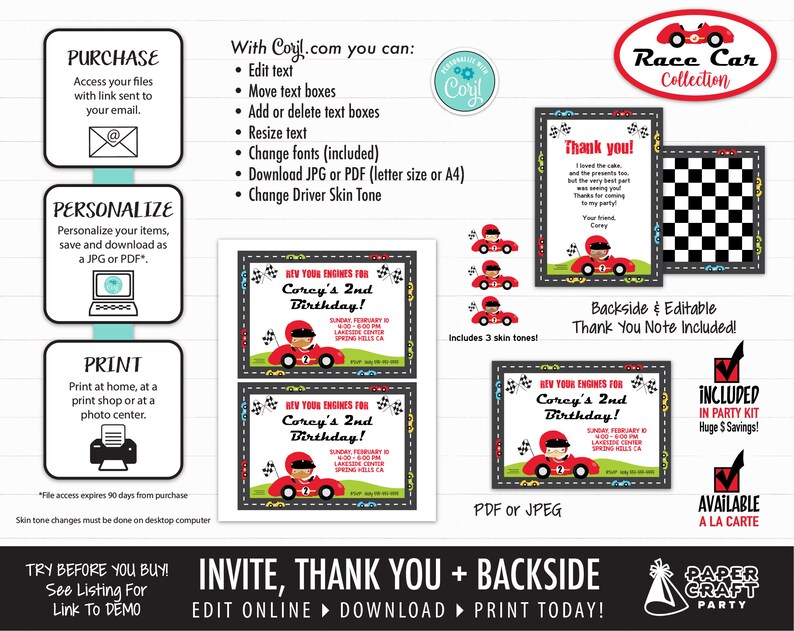 Edit Online Thank You Note /& Backside Included Download Today With Free Corjl.com Race Car Printable Invitation