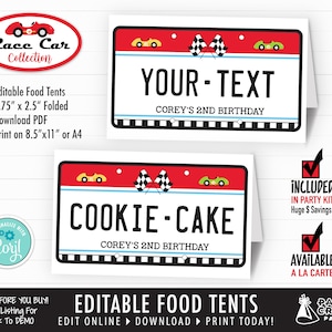 May include: Editable food tent templates for a race car themed party. The templates are designed to look like license plates with red, white, and blue accents. The text on the templates says "YOUR-TEXT" and "COOKIE-CAKE".