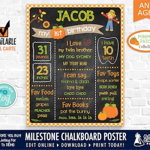 Op de afbeelding: Een krijtbord-stijl mijlpaalposter met een herfstthema. De poster is versierd met pompoenen, bladeren en een vogelverschrikker. De poster zegt "Jacob mijn 1e verjaardag" en somt mijlpalen op zoals "31 pond", "23 inch", "10 tanden" en "Ik kan mama & papa zeggen".