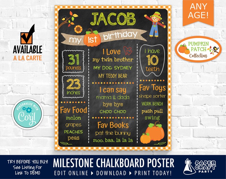 Op de afbeelding: Een krijtbord-stijl mijlpaalposter met een herfstthema. De poster is versierd met pompoenen, bladeren en een vogelverschrikker. De poster zegt "Jacob mijn 1e verjaardag" en somt mijlpalen op zoals "31 pond", "23 inch", "10 tanden" en "Ik kan mama & papa zeggen".