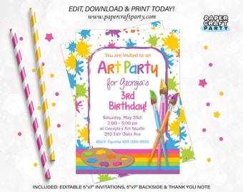 Art Paint Party Printable Invitation and Thank You Note in Pink, Includes Backside, Edit Online + Download Today With Free Corjl.com 0032