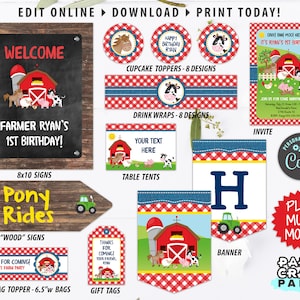 Farm Printable Party Kit Includes Invites and Decorations in RED, Edit ...