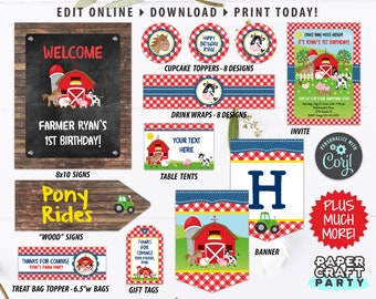 Farm Printable Party Kit Includes Invites and Decorations in RED, Edit Online + Download Today With Free Corjl.com 0044