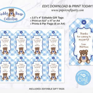 May include: Eight blue and white gingham gift tags with a teddy bear illustration and the text "Thanks for coming to my party! Love, Matthew". The tags are 2.5 inches by 4 inches and can be printed 8 per page.