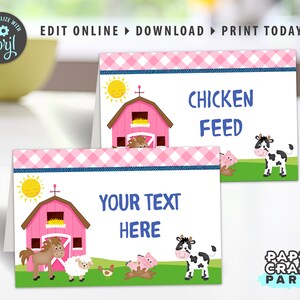 May include: Two printable pink and blue farm-themed food labels. One label says "Chicken Feed" and features a cow and a pig. The other label says "Your Text Here" and features a horse, a sheep, a chicken, and a pig.