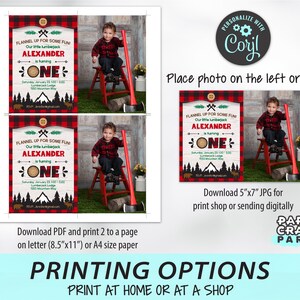 May include: Printable lumberjack themed first birthday invitation with a red and black plaid background. The invitation features a photo placeholder, the text "Flannel Up For Some Fun", and the name "Alexander" with the age "One".
