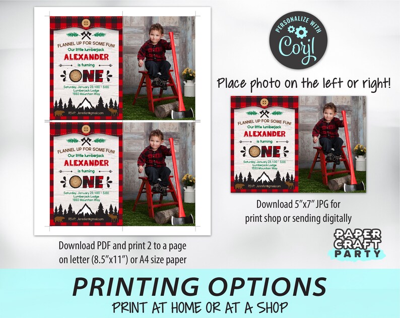 May include: Printable lumberjack themed first birthday invitation with a red and black plaid background. The invitation features a photo placeholder, the text "Flannel Up For Some Fun", and the name "Alexander" with the age "One".