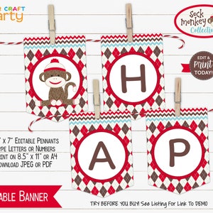 Puede incluir: Banner editable con un patr&oacute;n de rombos rojo, blanco y marr&oacute;n. El banner dice "Happy" con una ilustraci&oacute;n de mono de calcet&iacute;n en el bander&iacute;n m&aacute;s a la izquierda. El texto "Sock monkey Collection" y "Edit & Print Today!" tambi&eacute;n est&aacute; incluido.