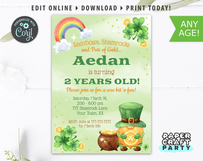 St. Patrick's Day Printable Invitation & Thank You Note, Includes Backside, Edit Online Download Today With Free Corjl.com 0033 image 1